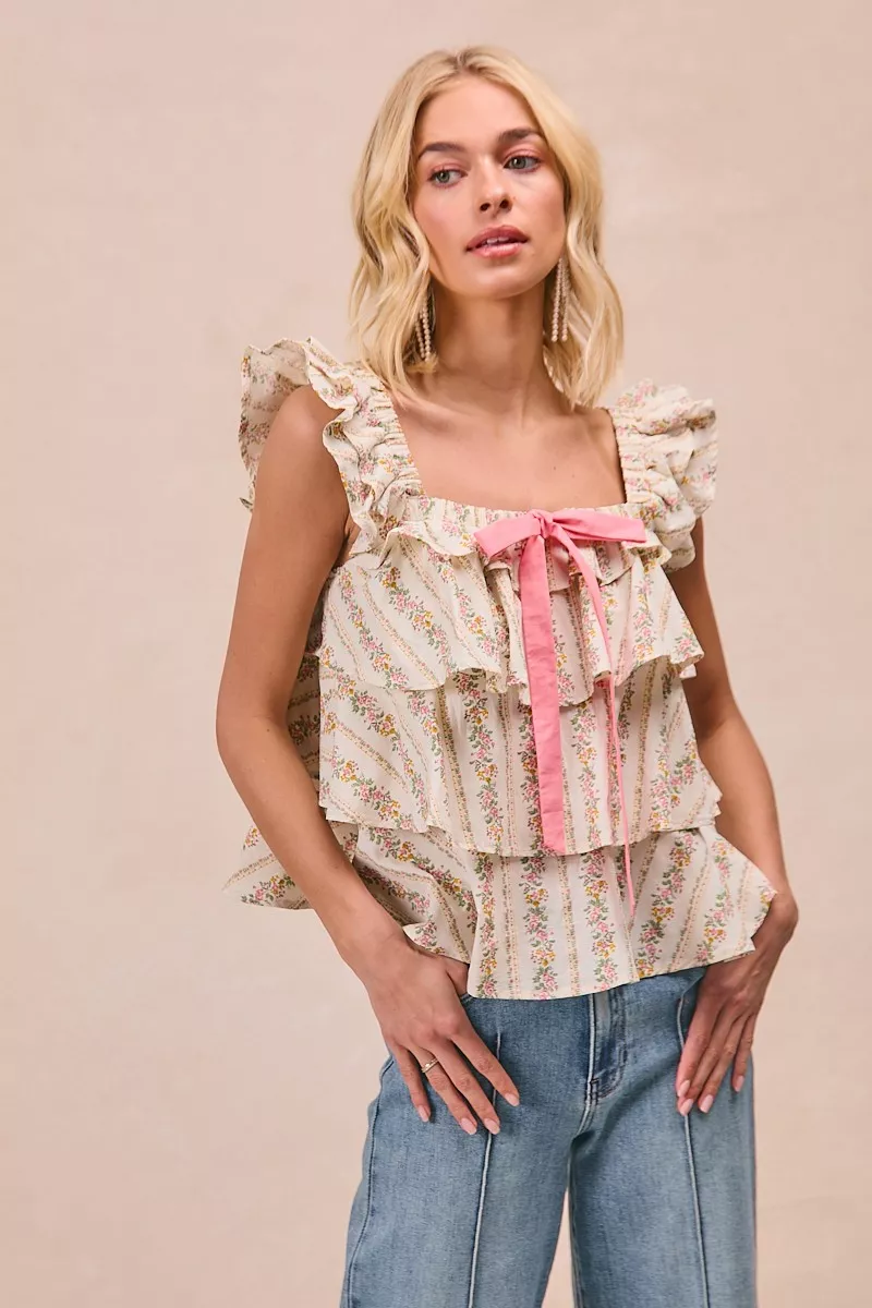 Floral Printed Woven Front Bow Tied Ruffled Square Neck Sleeveless Top, image 3