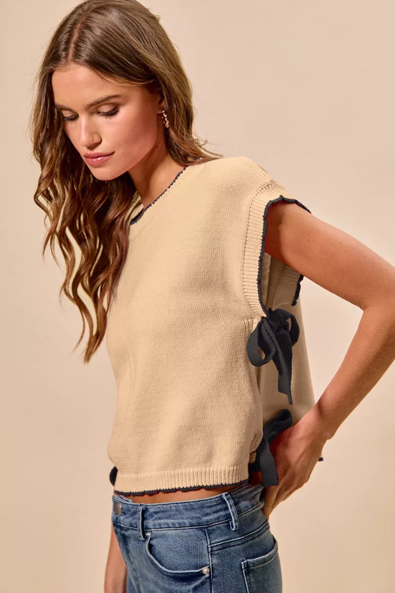 Lightweight Sweater Dolman Side Ribbon Tie Top, image 2