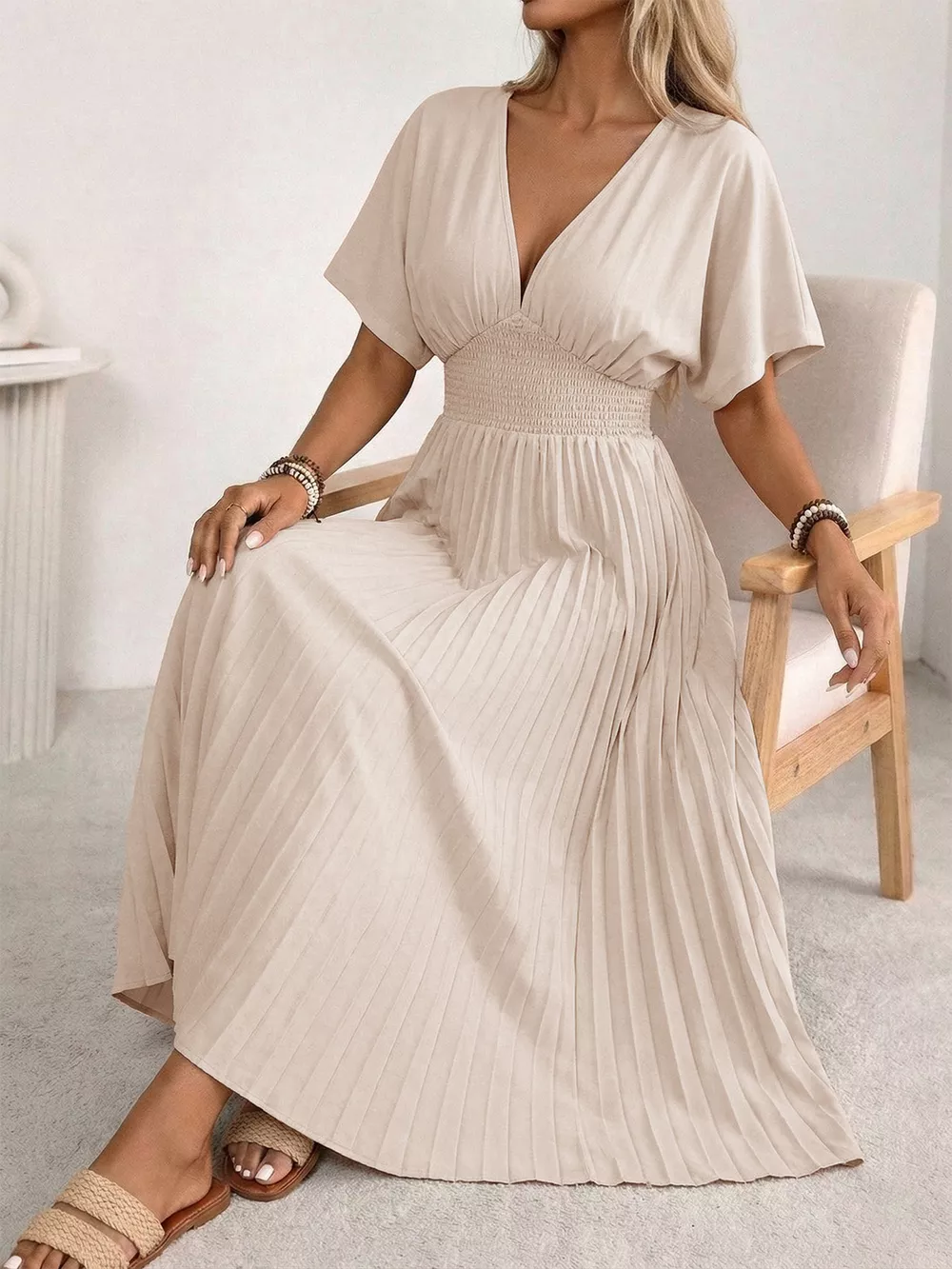 Pleated V-Neck Midi Dress, image 3