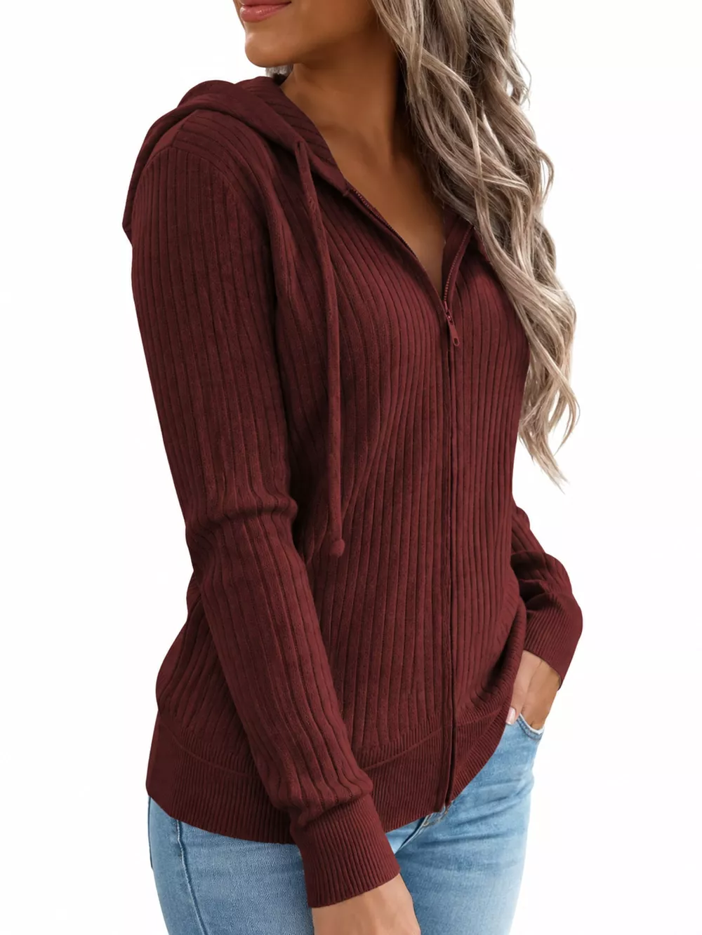 Full Size Ribbed Knit Zip-Up Hooded Cardigan Plus Size, image 14