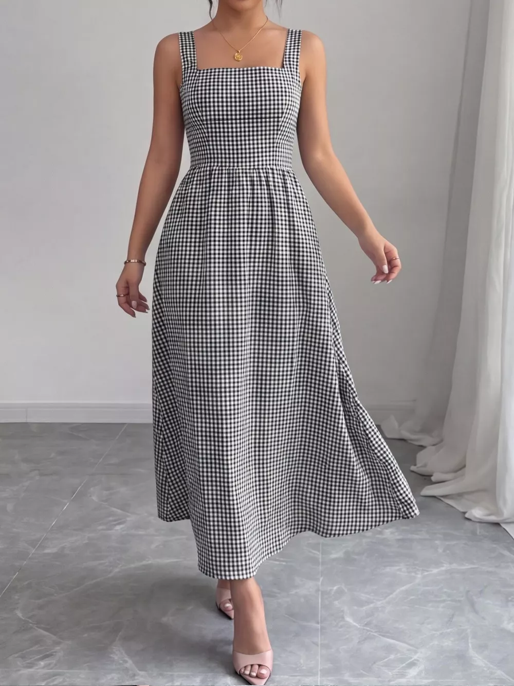 Square Neck Gingham Midi Dress, image 4