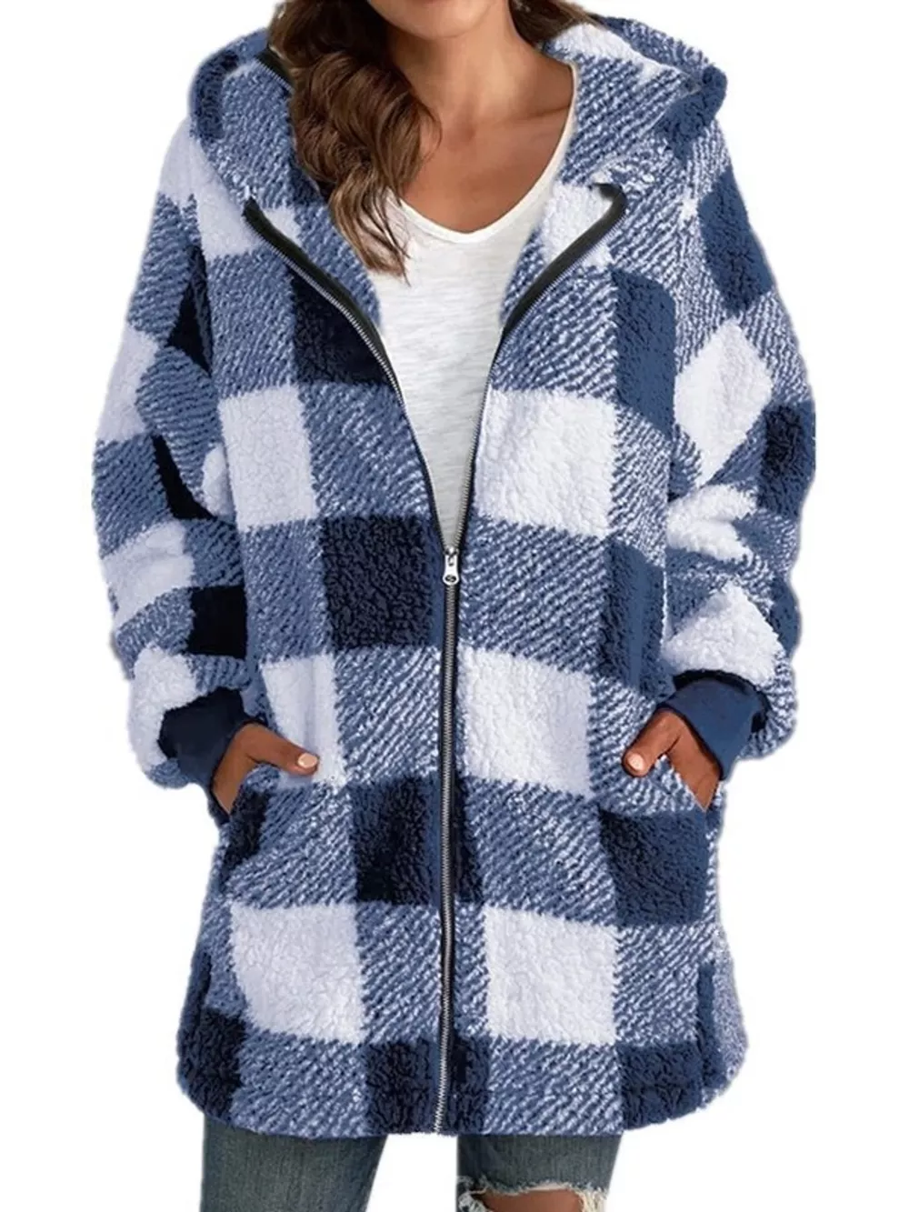 Full Size Plaid Sherpa Hooded Zip-Up Outerwear Plus Size, image 18