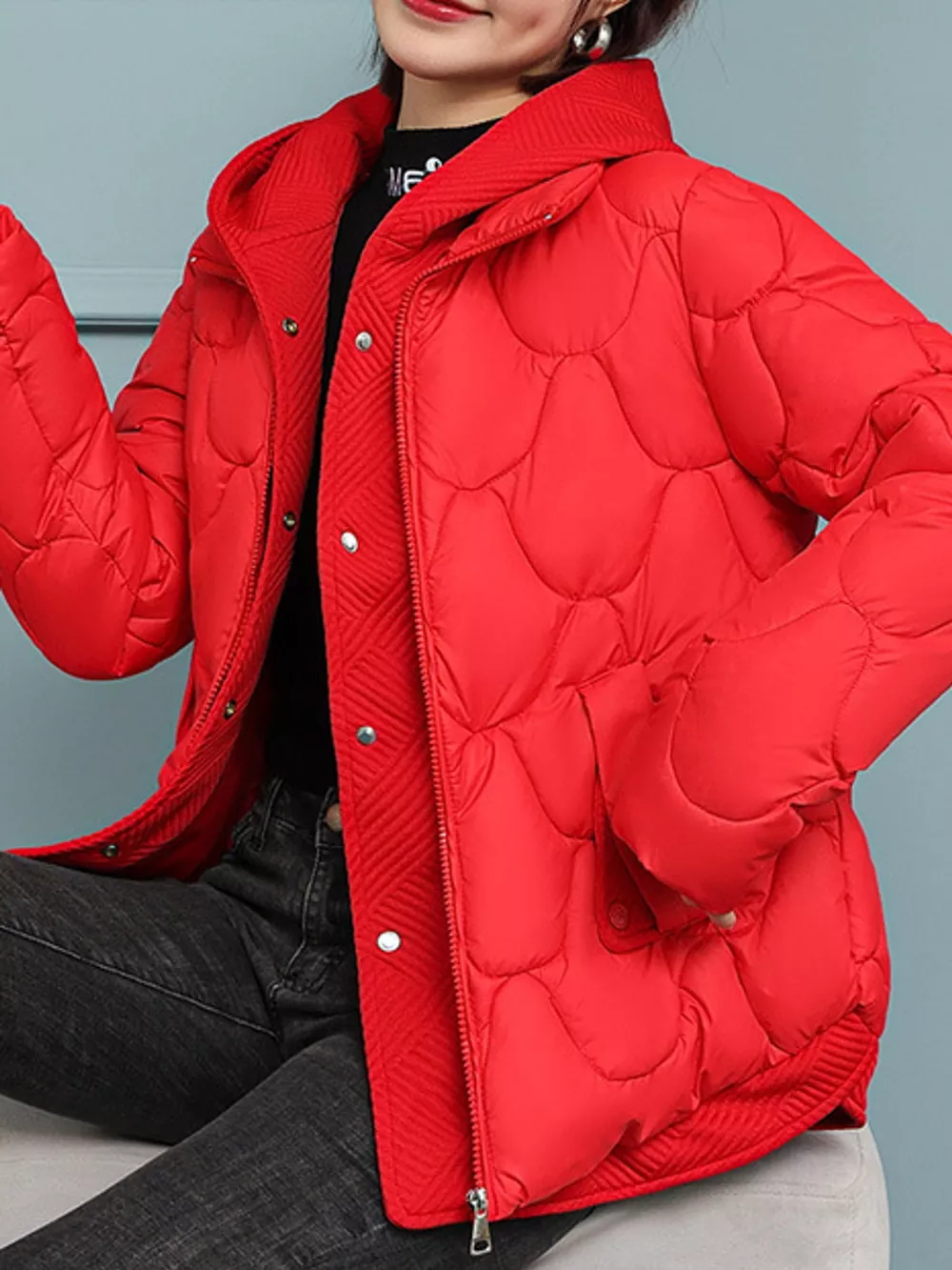 Plus Size Quilted Hooded Puffer Jacket with Snap-Button Closure, image 10