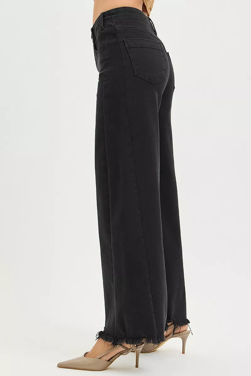 Tummy Control High Rise Palazzo Leg Frayed Hem Jeans, image 4
