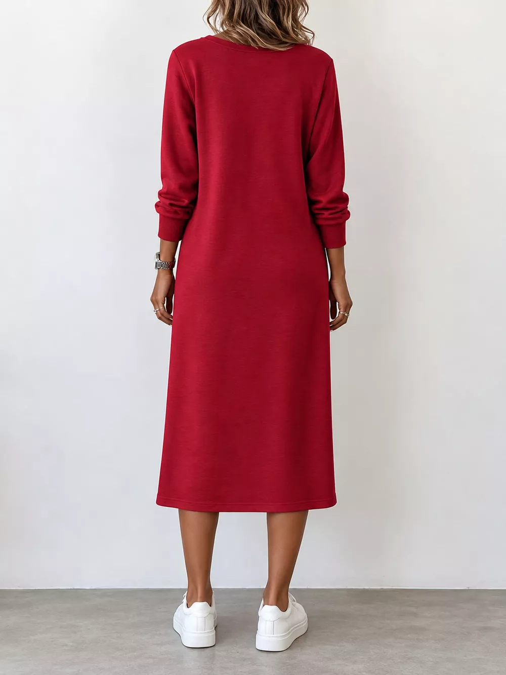 Full Size V-Neck Long Sleeve Midi Dress Plus Size, image 8