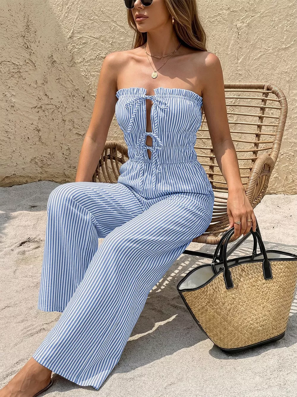 Striped Strapless Tie Front Wide Leg Jumpsuit, image 2
