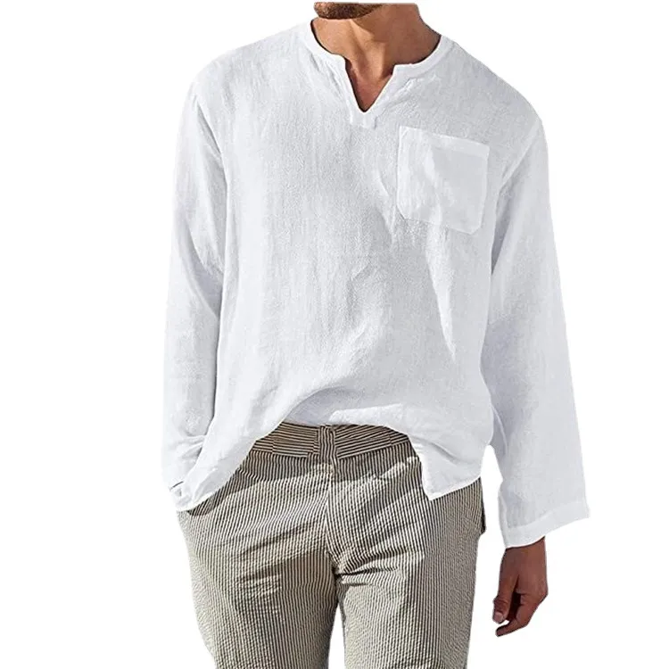 Men's Full Size Casual Notched Linen Long Sleeve Top Plus Size, image 2