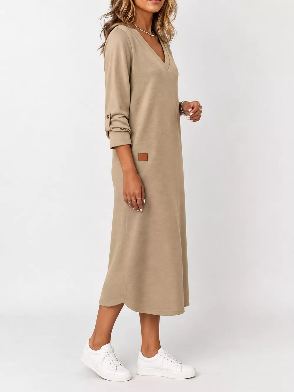 Full Size V-Neck Long Sleeve Midi Dress Plus Size, image 12