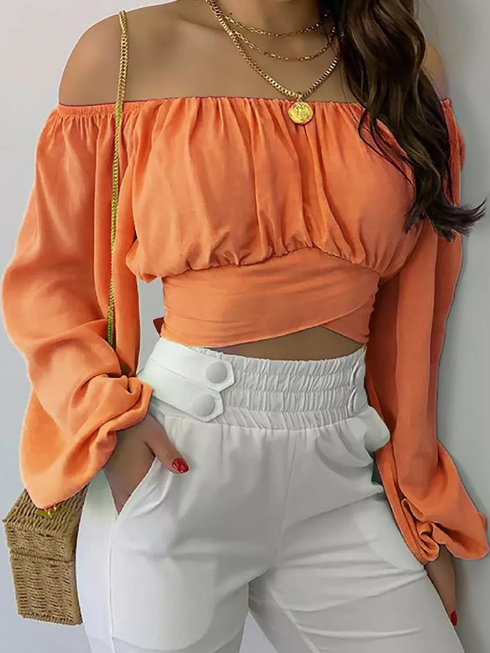 Off-Shoulder Long Sleeve Cropped Blouse, image 5