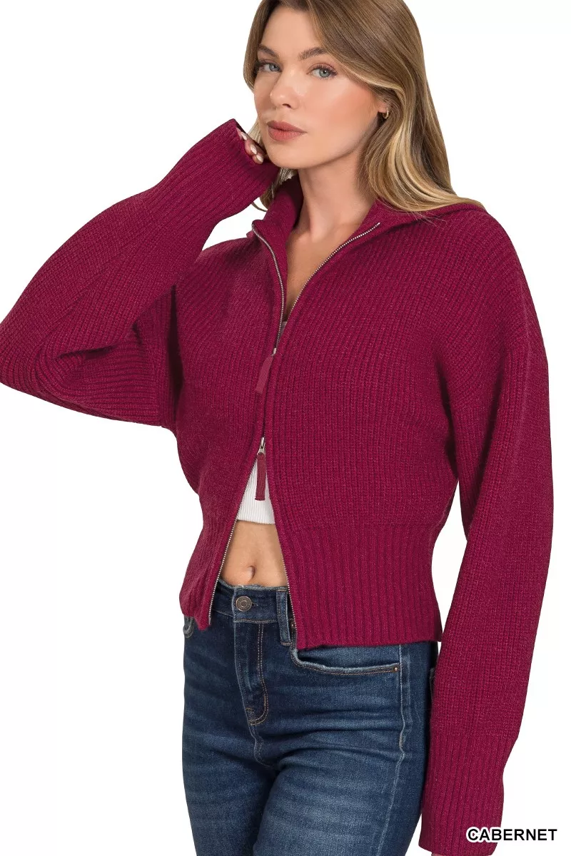 Ribbed Collared Zip Up Sweater Cardigan, image 5