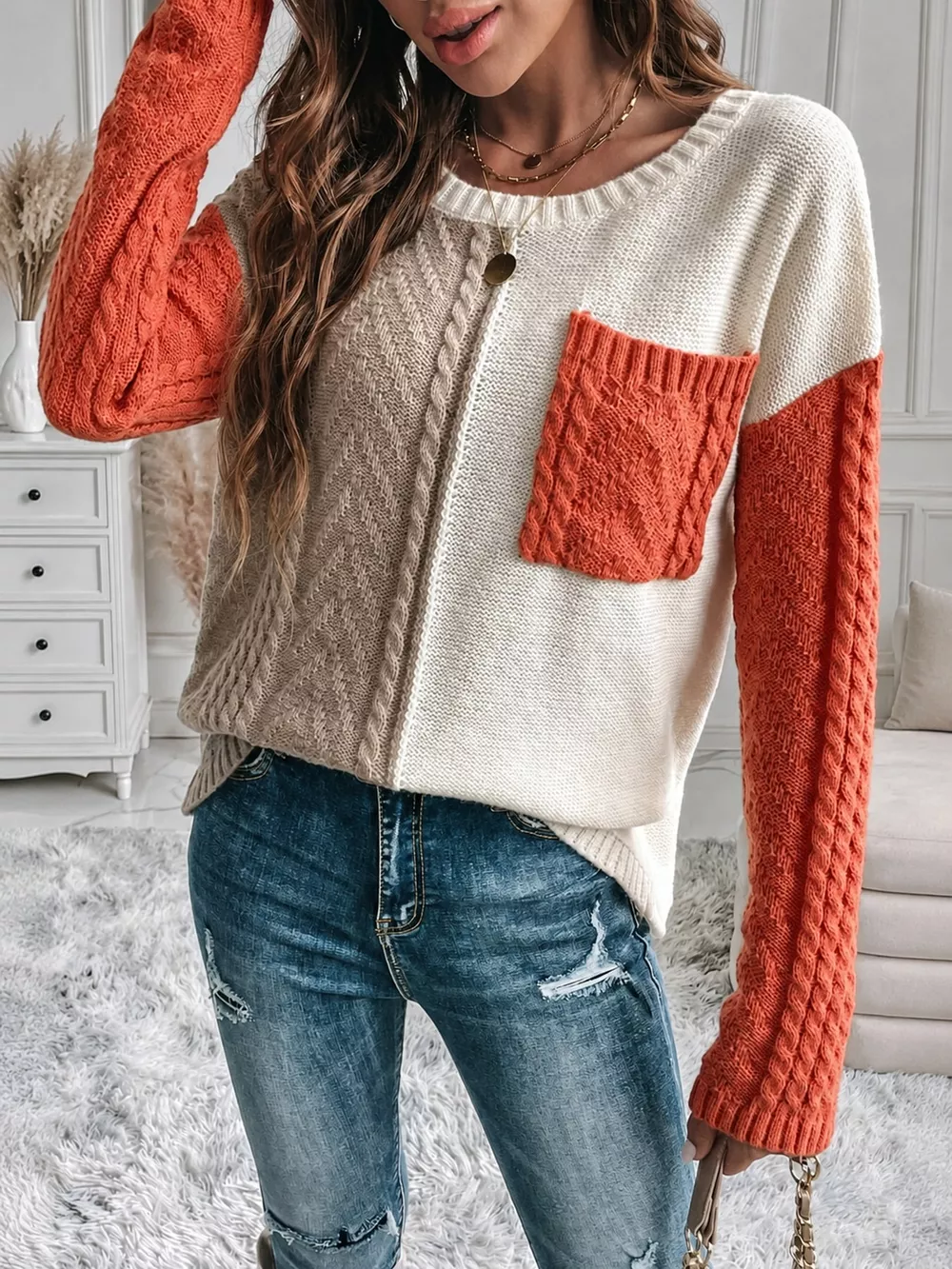 Color Block Cable Knit Sweater, image 4