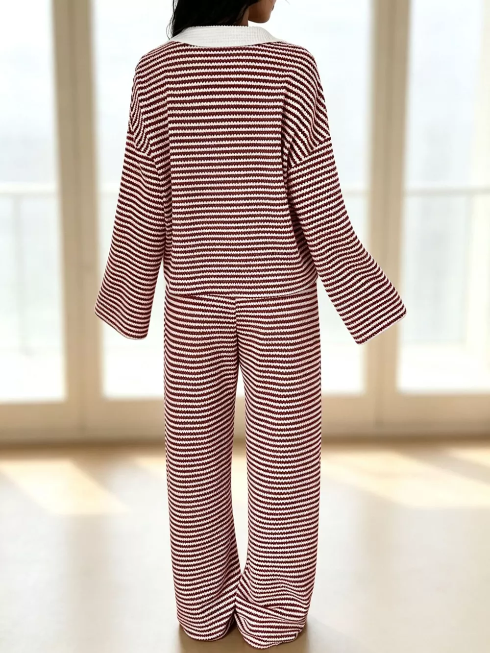 Striped Long Sleeve Polo and Wide-Leg Pants Set, image 5