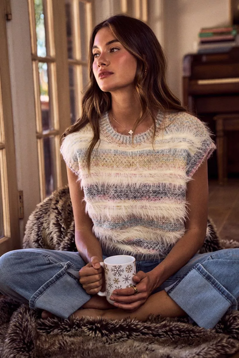 Soft Fuzzy Multi Color Stripe Cozy Sweater Top, image 5