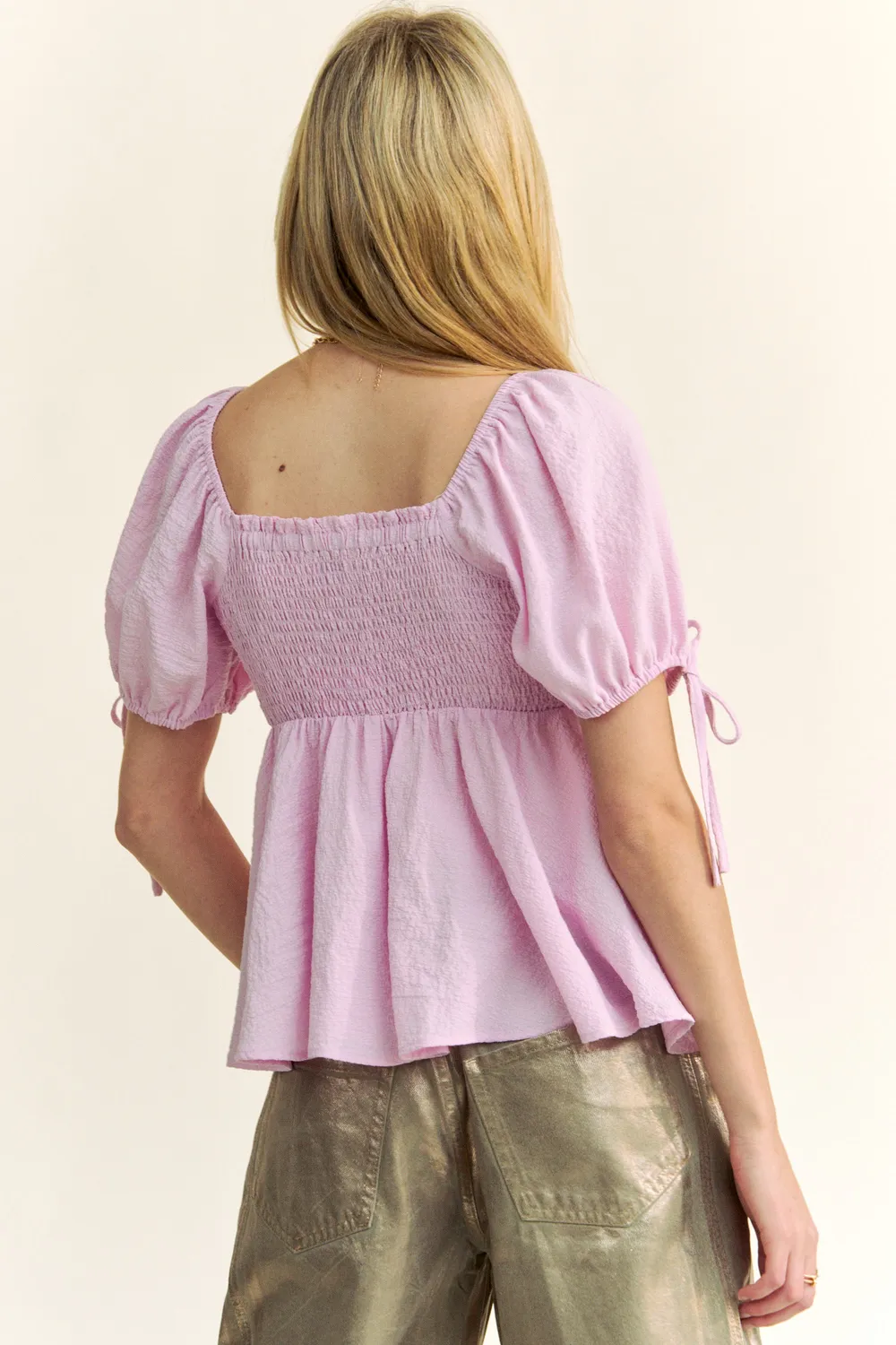 Solid Elastic Peplum Puffed Sleeves Blouse, image 7