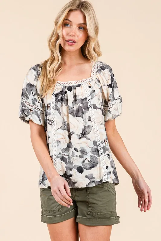 Floral Print Lace Trim Puff Sleeve Blouse, image 8