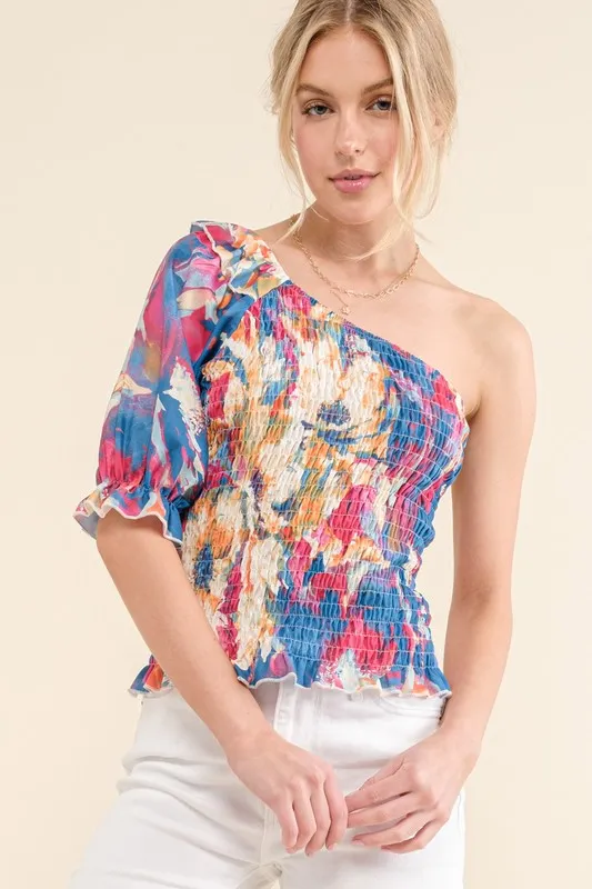 Allover Floral Print Smocked One Shoulder Blouse, image 5