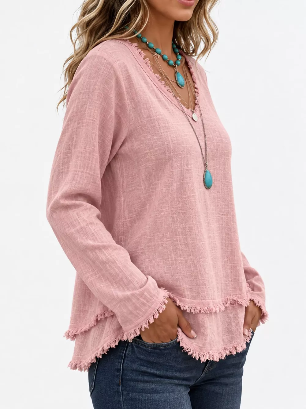 Full Size Frayed Hem V-Neck Long Sleeve Blouse Plus Size, image 37
