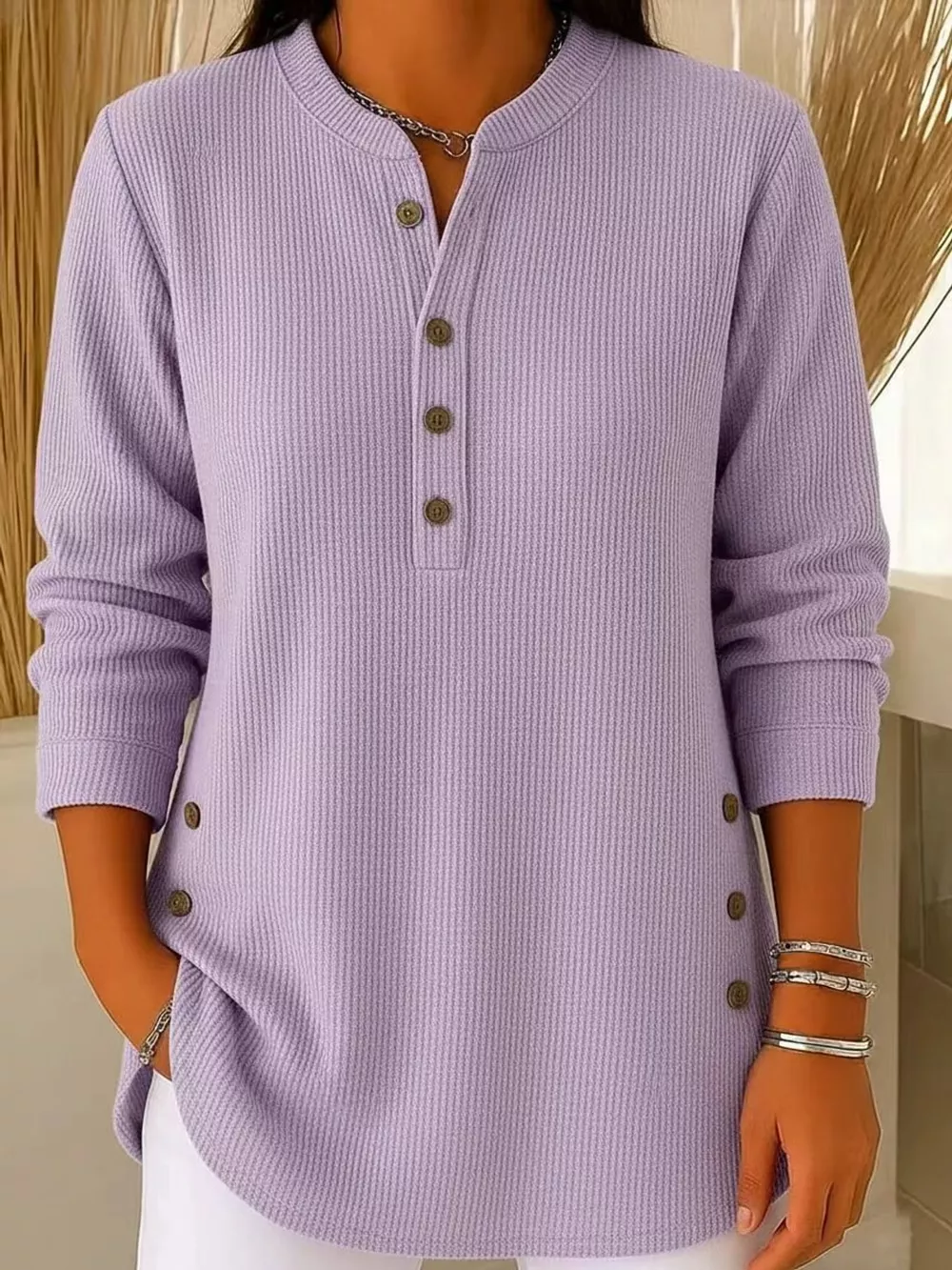 Full Size Button Detail Long Sleeve Top Plus Size, image 43