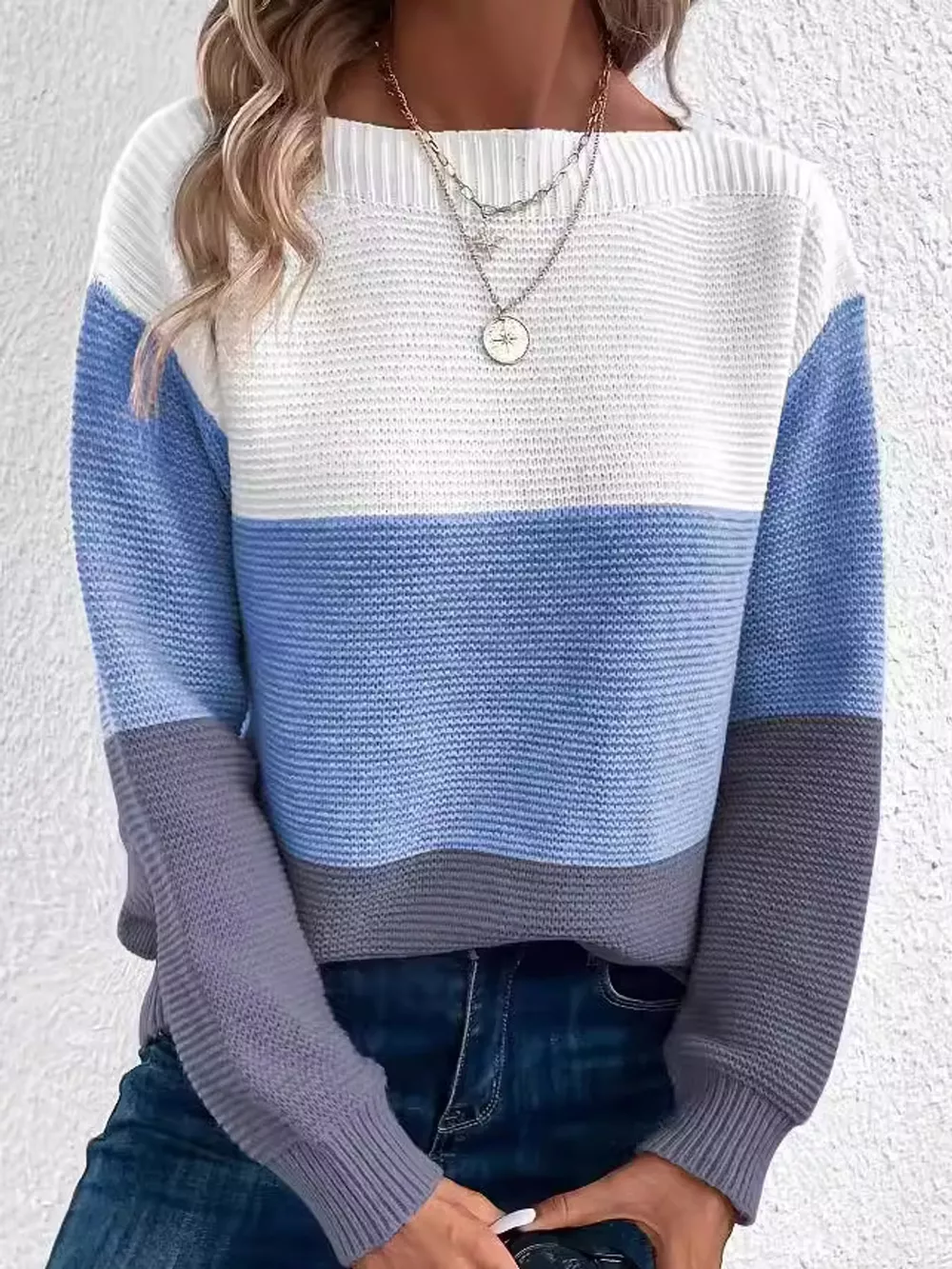 Full Size Color-Block Boat Neck Sweater Plus Size, image 6
