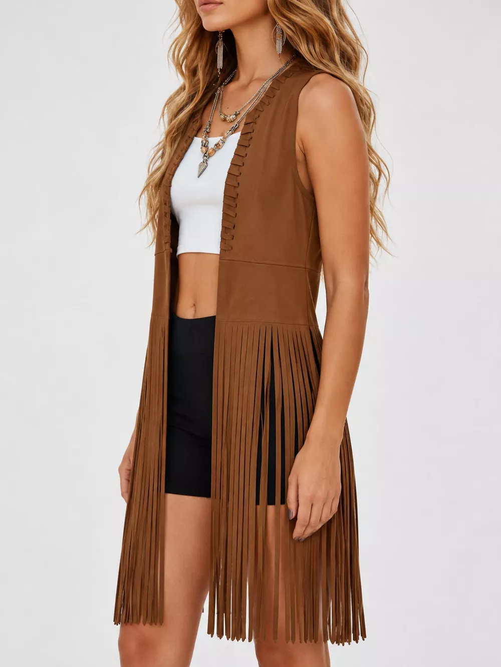 Full Size Fringed Sleeveless Vest Coat Plus Size, image 8