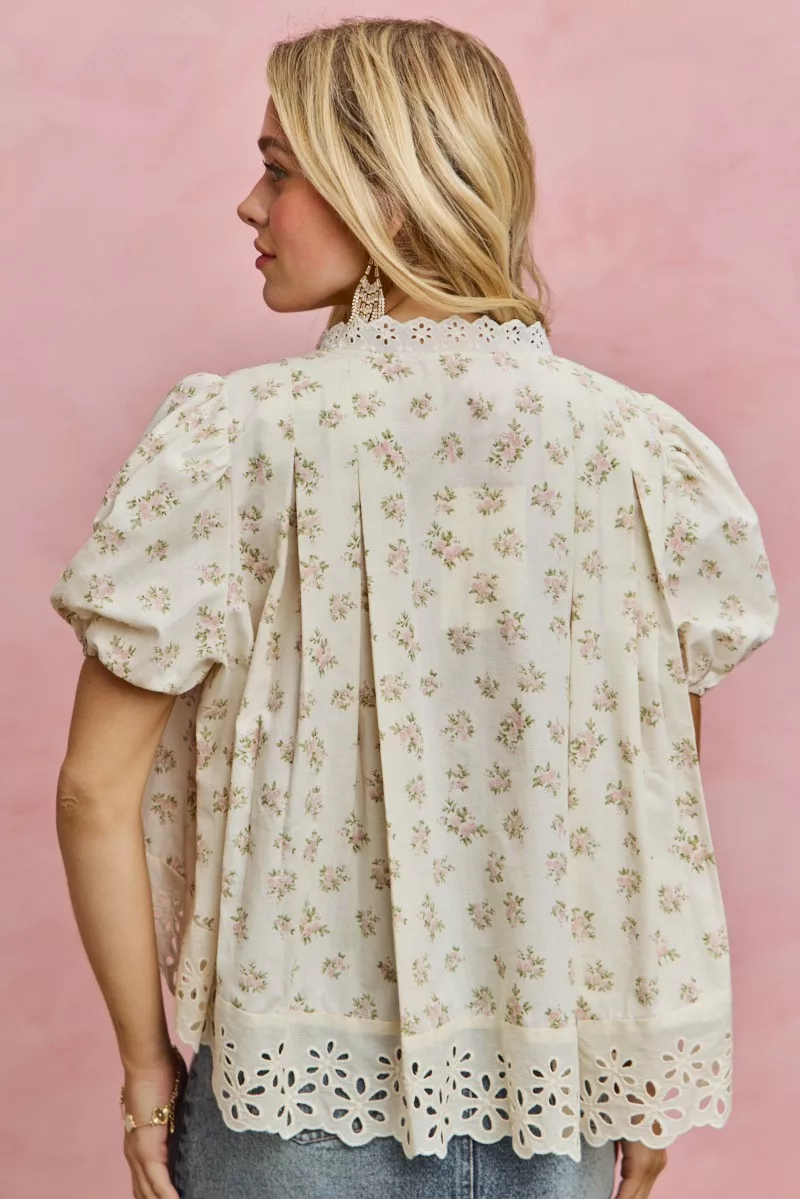 Floral Print Lace Trim Short Sleeves Blouse, image 15