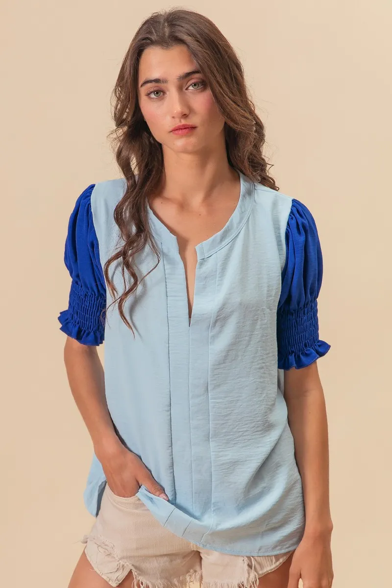 Air Flow Color Block Puff Sleeves V Neck Top, image 5