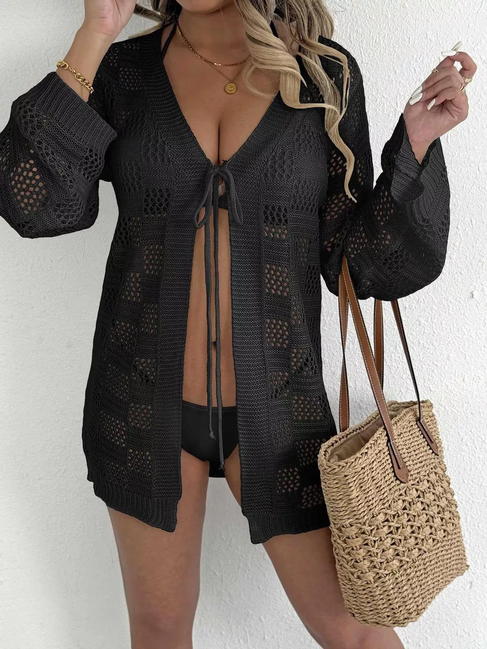 Crochet Knit Tie Front Cover-Up, image 7
