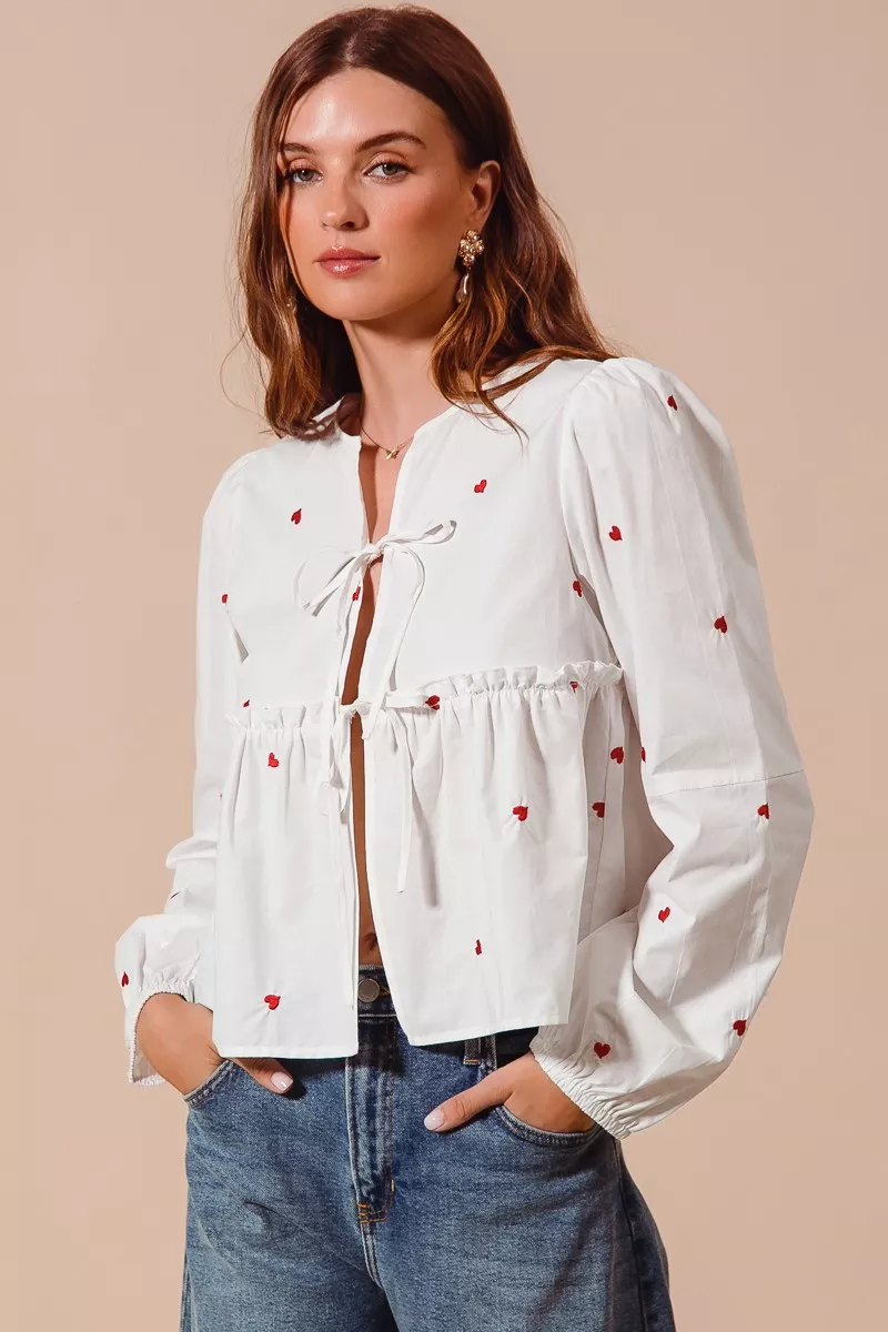 Front Tie Heart Embroidered Blouse With Puff Sleeve, image 4