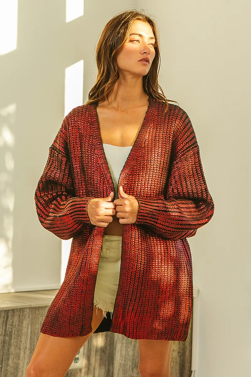 Metallic Knit V-neck Open Sweater Cardigan, image 9