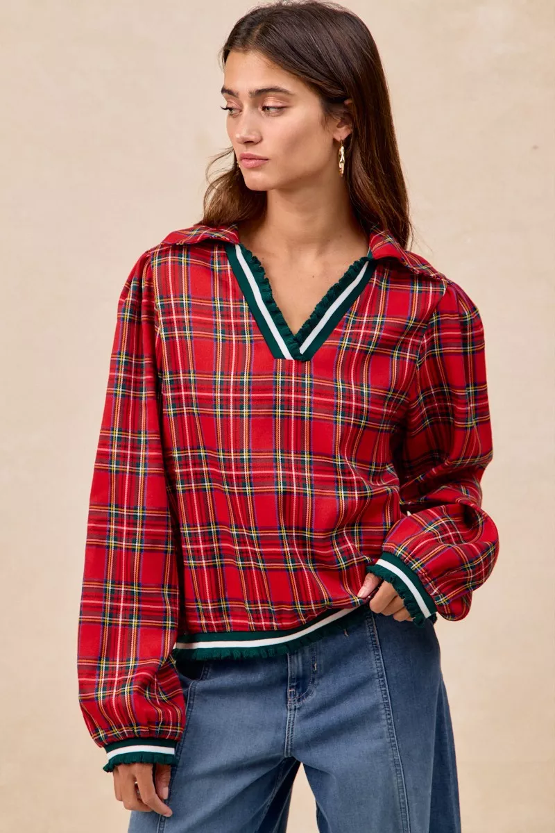 Christmas Plaid Collared Top with Ruffled Detail, image 17