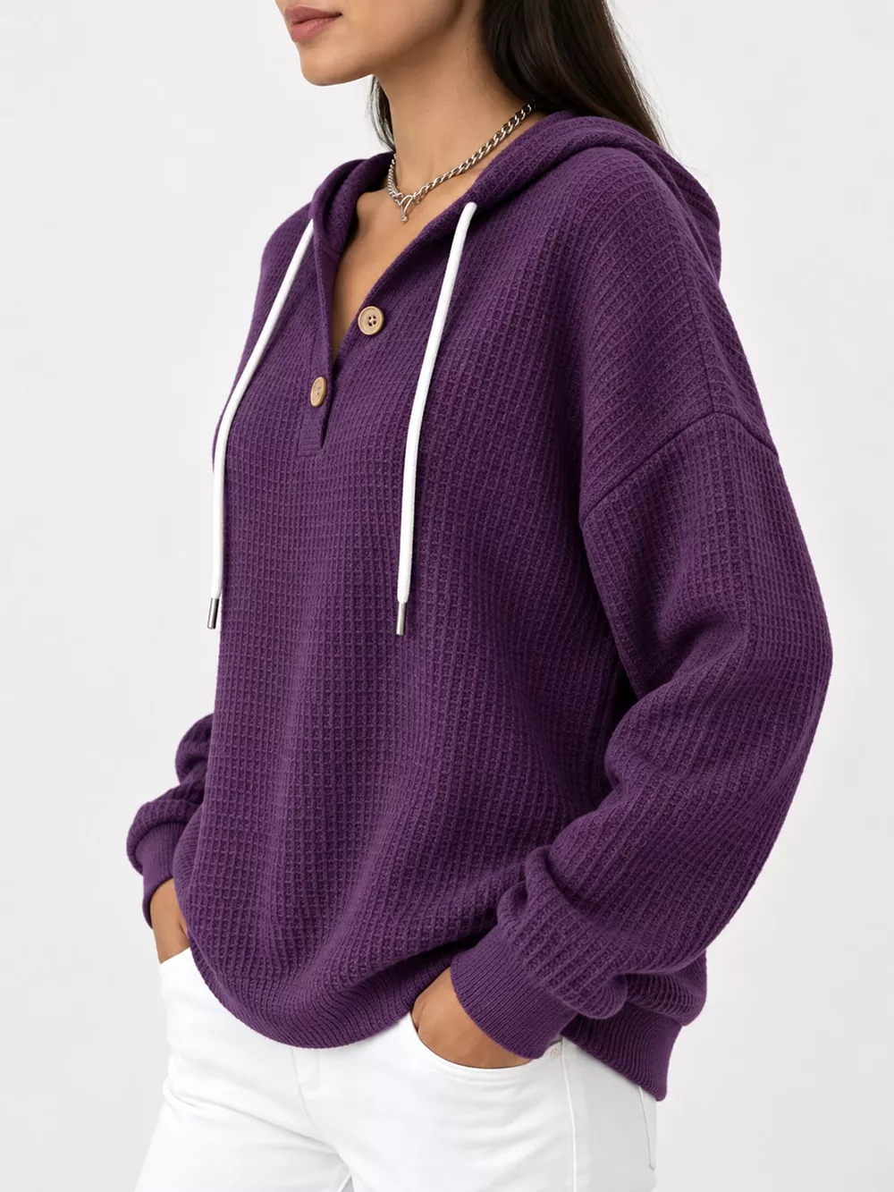 Full Size Waffle Knit Button Detail Hoodie Plus Size, image 41