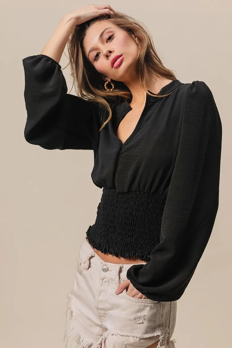 Smoking Waist Band and Puff Sleeves Deep V Neck Top