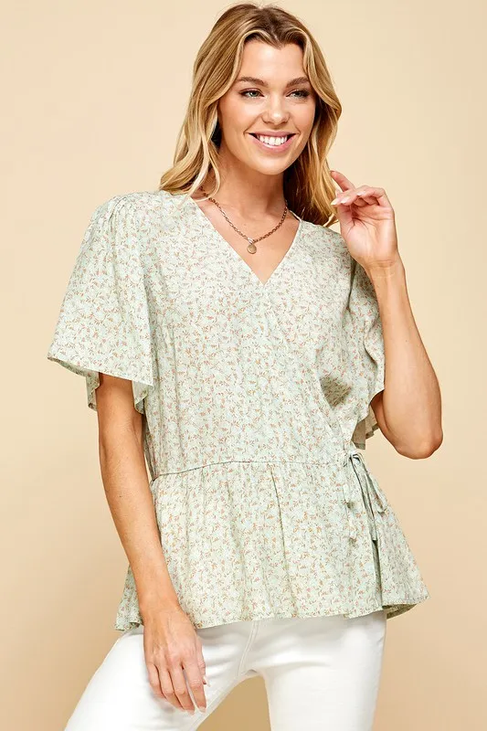 Ditsy Print V-Neck Short Sleeve Wrap Blouse
