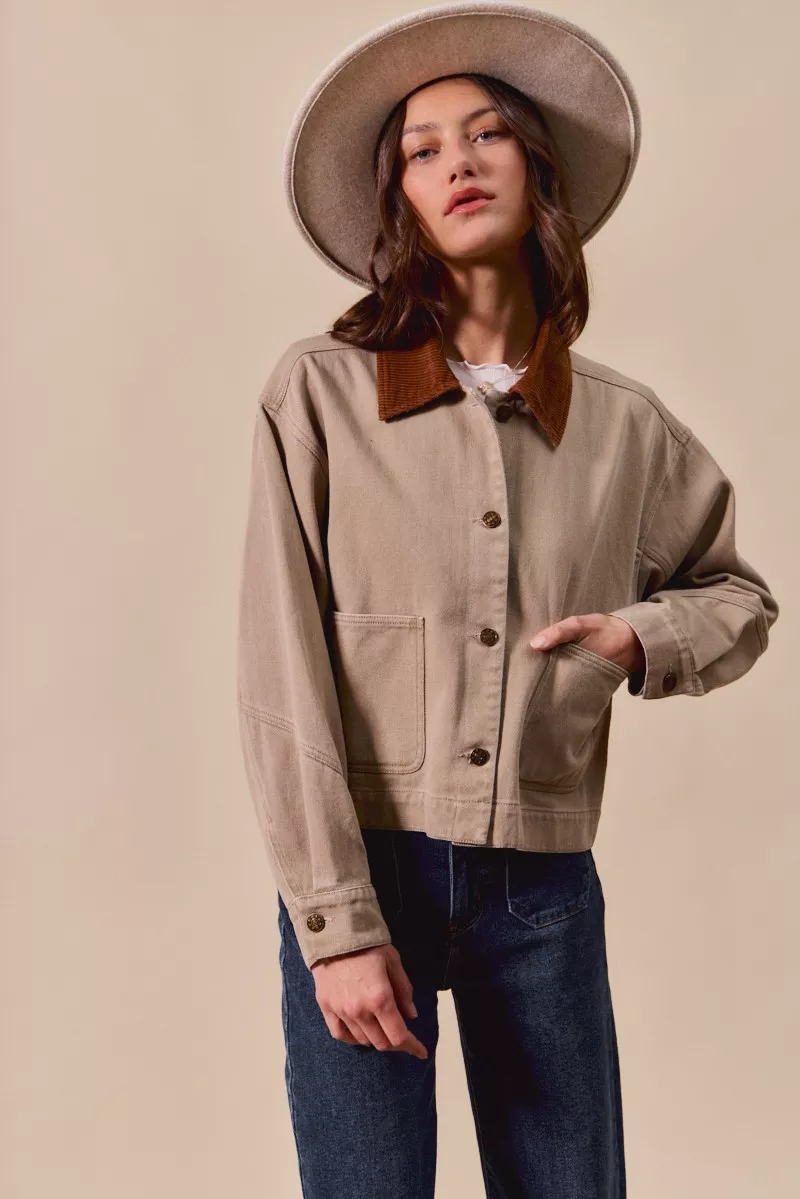 Cotton Twill Cropped Barn Jacket wtih Collar, image 4
