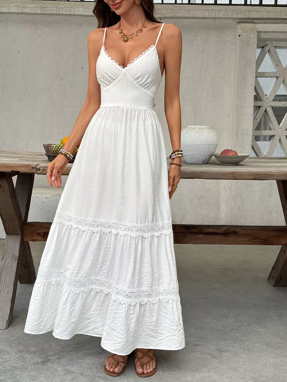 Lace Detail V-Neck Tiered Maxi Dress, image 9