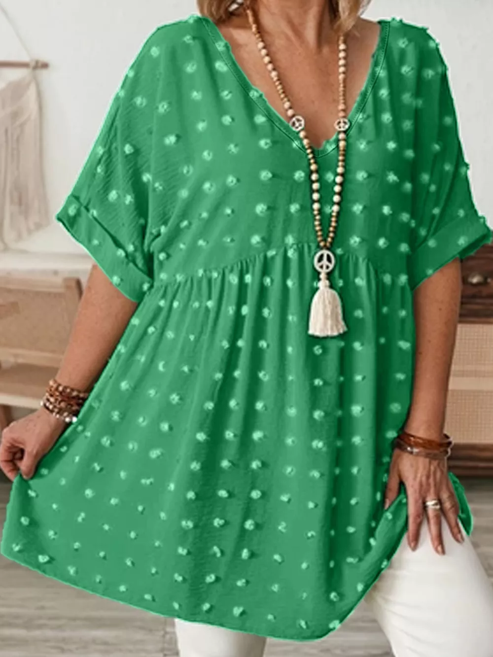 Plus Size Swiss Dot V-Neck Casual Blouse, image 14