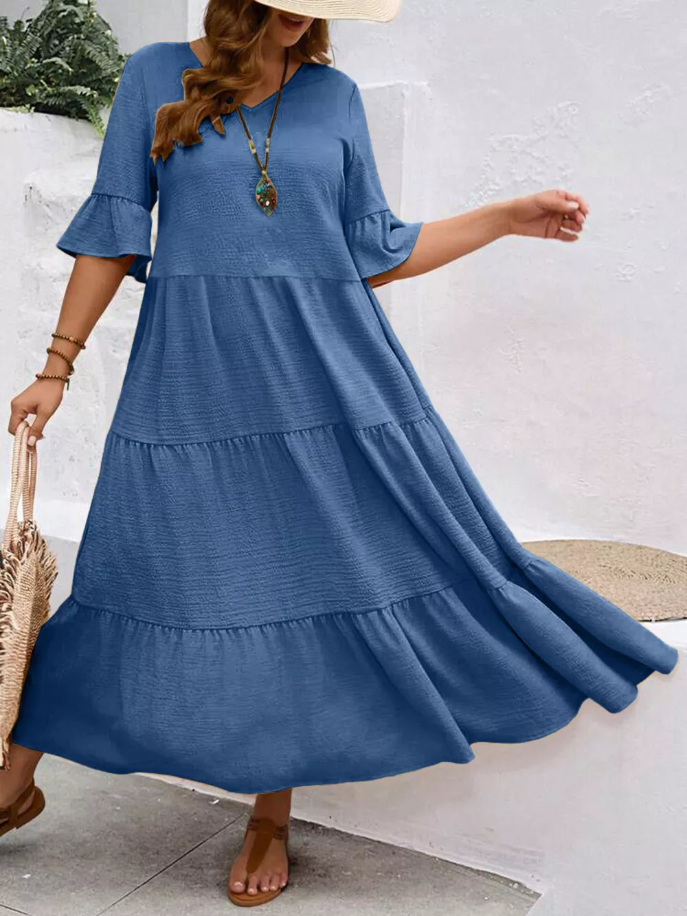 Plus Size Ruffle Sleeves Tiered Midi Dress, image 14