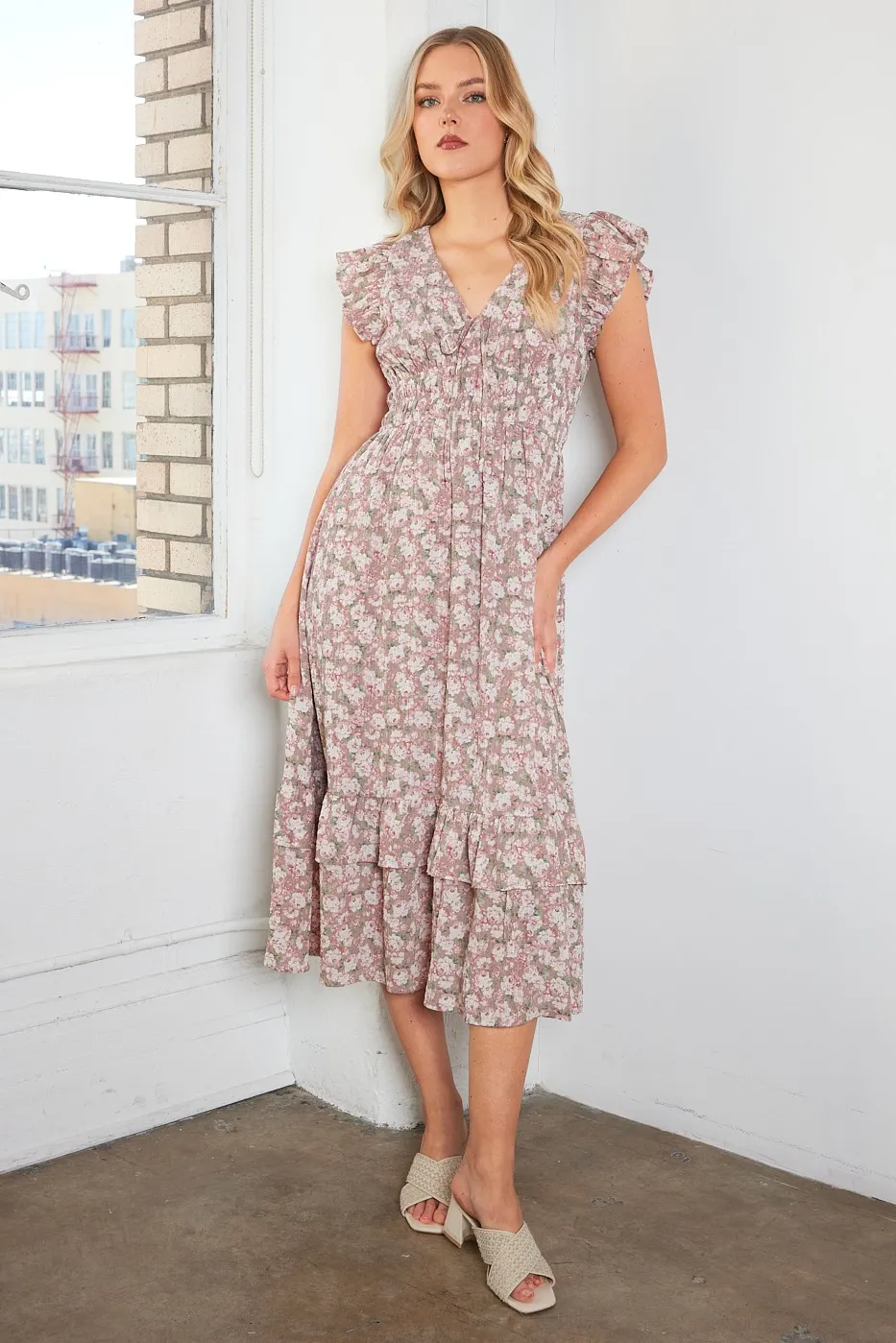 Flower Print Ruffle Cap Sleeve V-neck Midi Dress, image 3