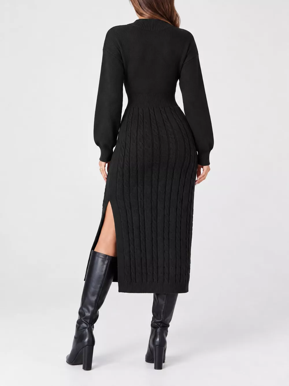 Full Size Mock Neck Cable Knit Sweater Dress with Front Slit Plus Size, image 14