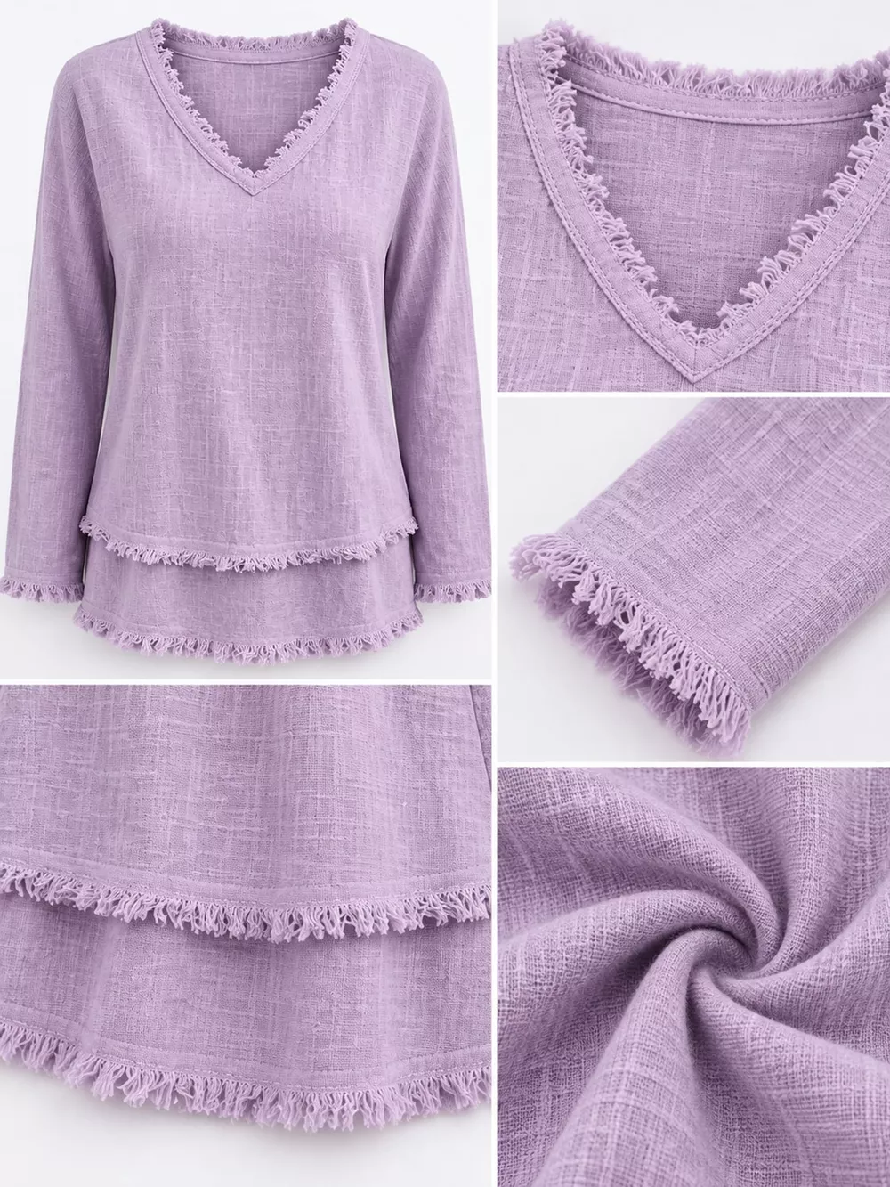 Full Size Frayed Hem V-Neck Blouse Plus Size, image 60