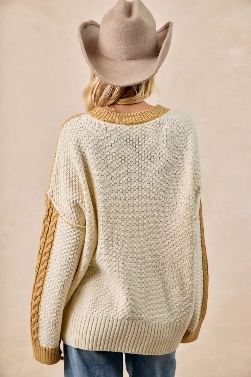 Cable Knit With Hacci Combo Sweater With Uneven Hem Detail, image 7