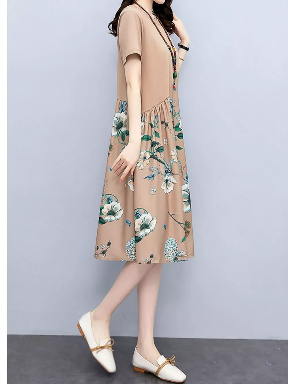 Plus Size Floral Print A-Line Midi Dress with Asymmetric Button Detail, image 3