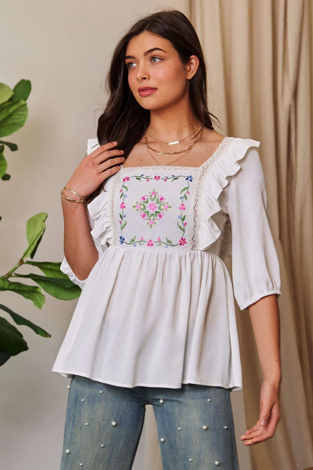 Texture Tie Back Floral Embroidery Frill Blouse, image 4