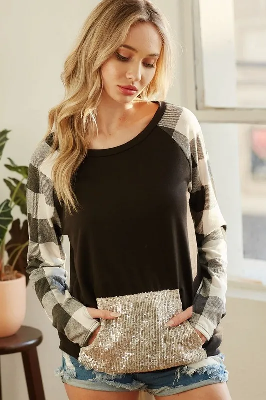 French Terry Top with Sequins Kangaroo Pocket, image 4