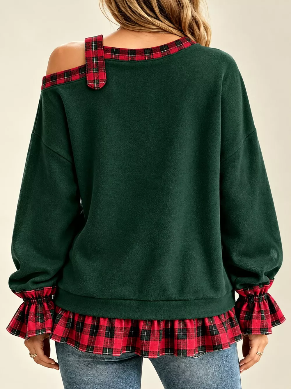 Full Size Plaid Ruffled Hem Asymmetrical Neck Sweatshirt Plus Size, image 18