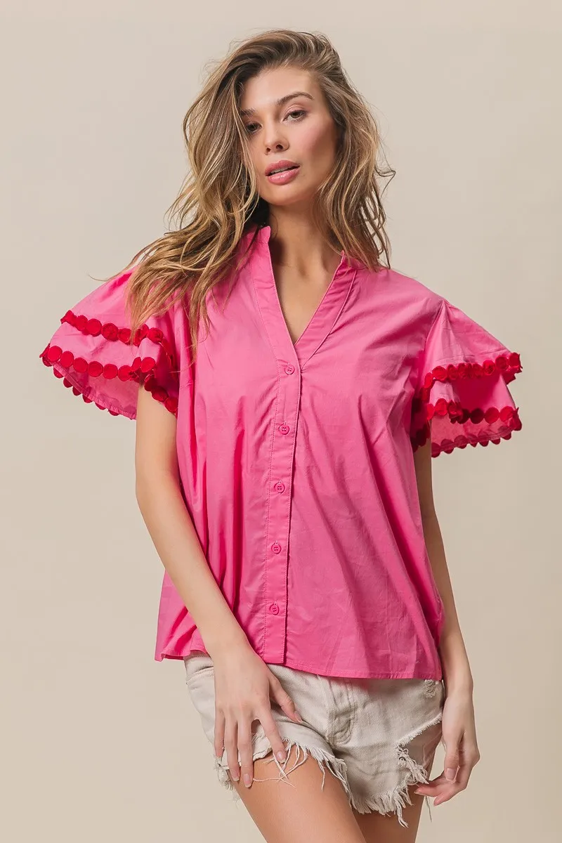 Dot Trim Flutter Sleeve Notched Top, image 13