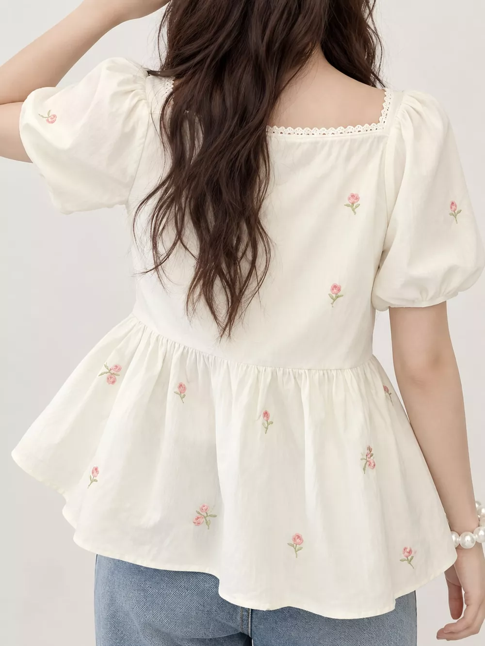 Floral Embroidered Puff Sleeve Peplum Blouse, image 2