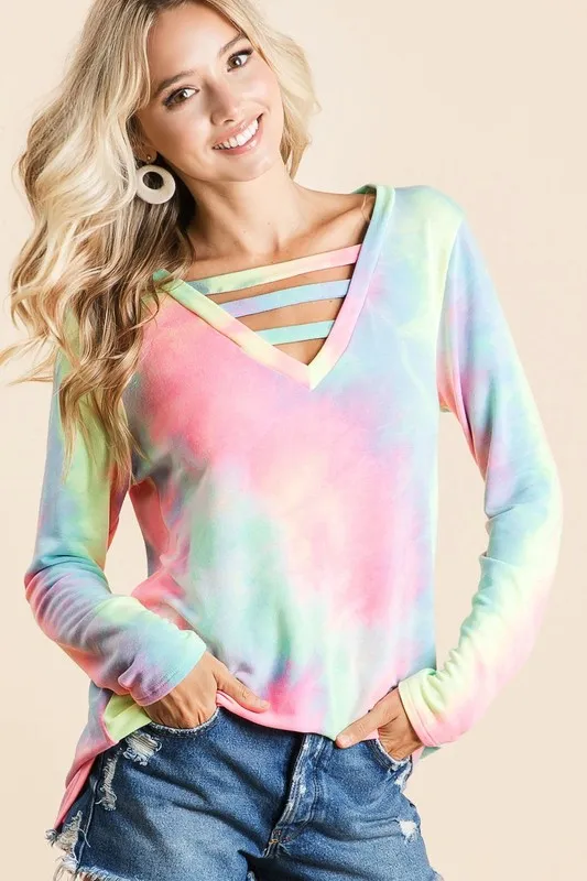 Tie Dye French Terry V-Neck Top with Strapped, image 5
