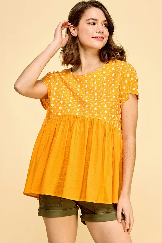 Embroidered Short Sleeve Pleated Babydoll Top, image 3