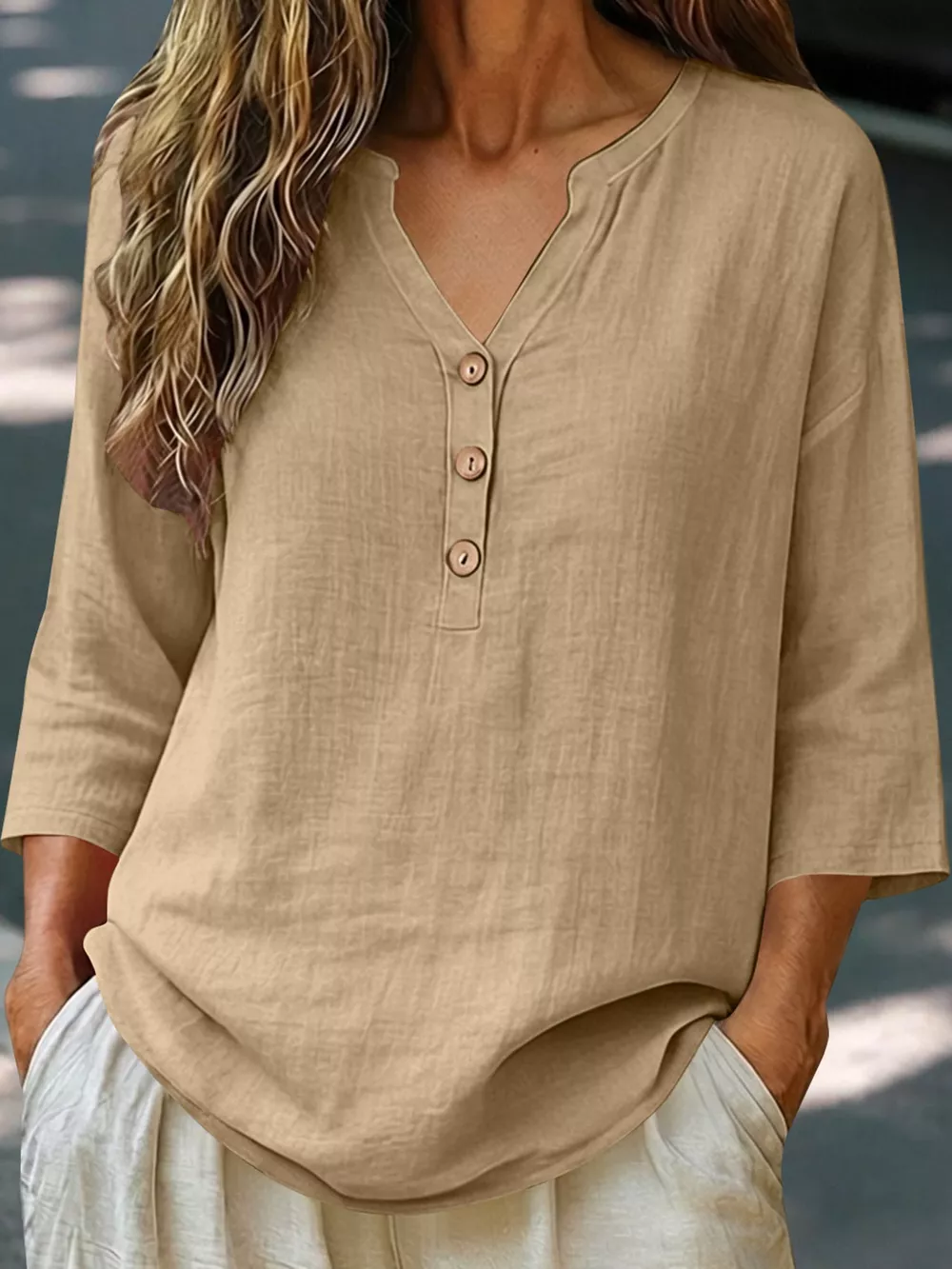 Full Size Button Detail Notched 3/4 Sleeve Blouse Plus Size, image 24